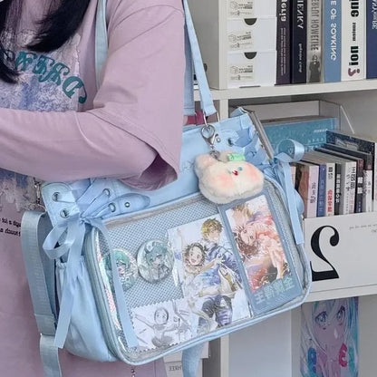 College Style Crossbody Bag with Ribbon Large Capacity for Class Book Carrying Mailman Bag Girls Bow JK Shoulder Ita Bag Handbag