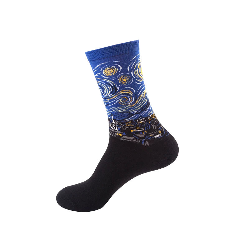 1 Pair Van Gogh Starry Night Cotton Socks Women Men Mona Lisa Oil Painting Retro-classical Series Skateboard Casual Couple Socks