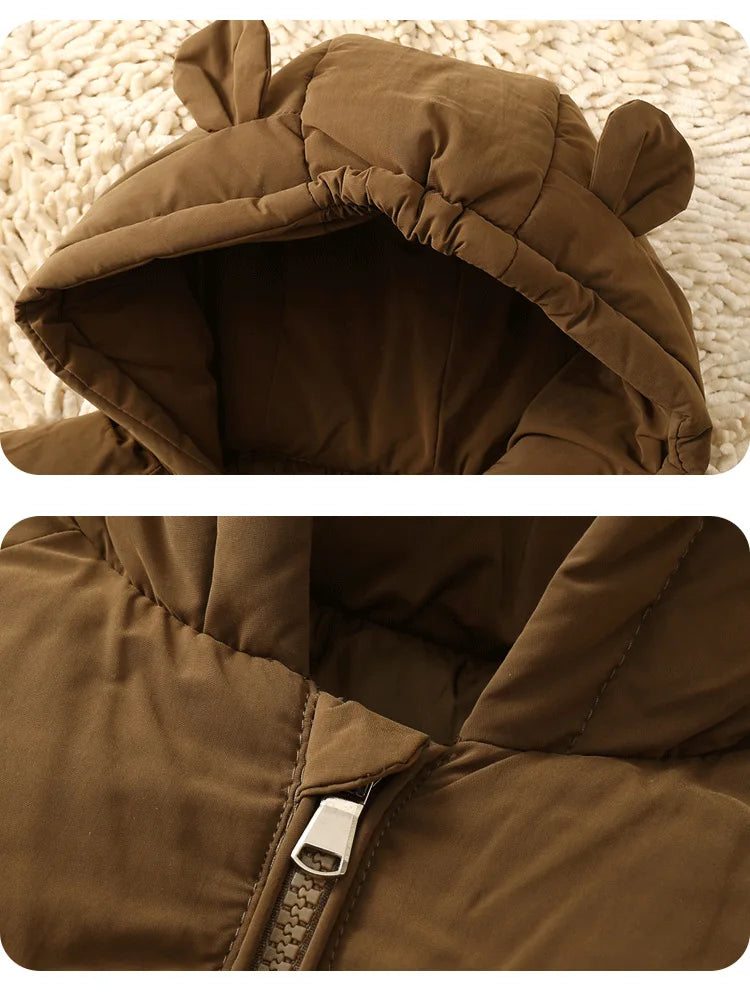 2024 Baby Thickened Cotton Coat Boys Warm Hooded Zip Jacket Autumn Winter New Girls Solid Colour Casual Fashion Cute Outerwear