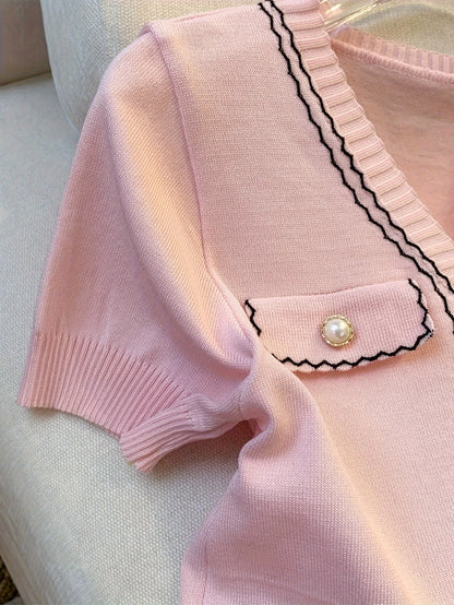 Women'S Casual Summer Top Pink Knit V-Neck with Button Details All-Season Style Casual Wear Vneck Top Knit Texture Crop Top