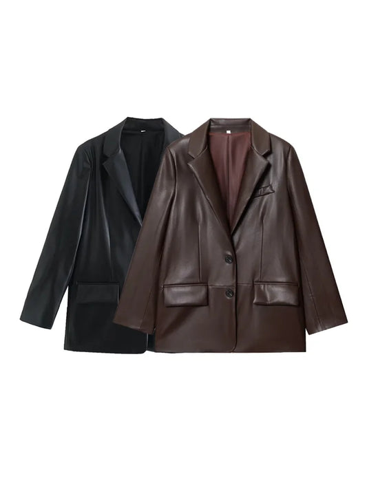 Women's Fashion Faux Leather Blazer Coat Loose Fit Old Money Style Long Sleeve Front Button Chic Outerwear Top