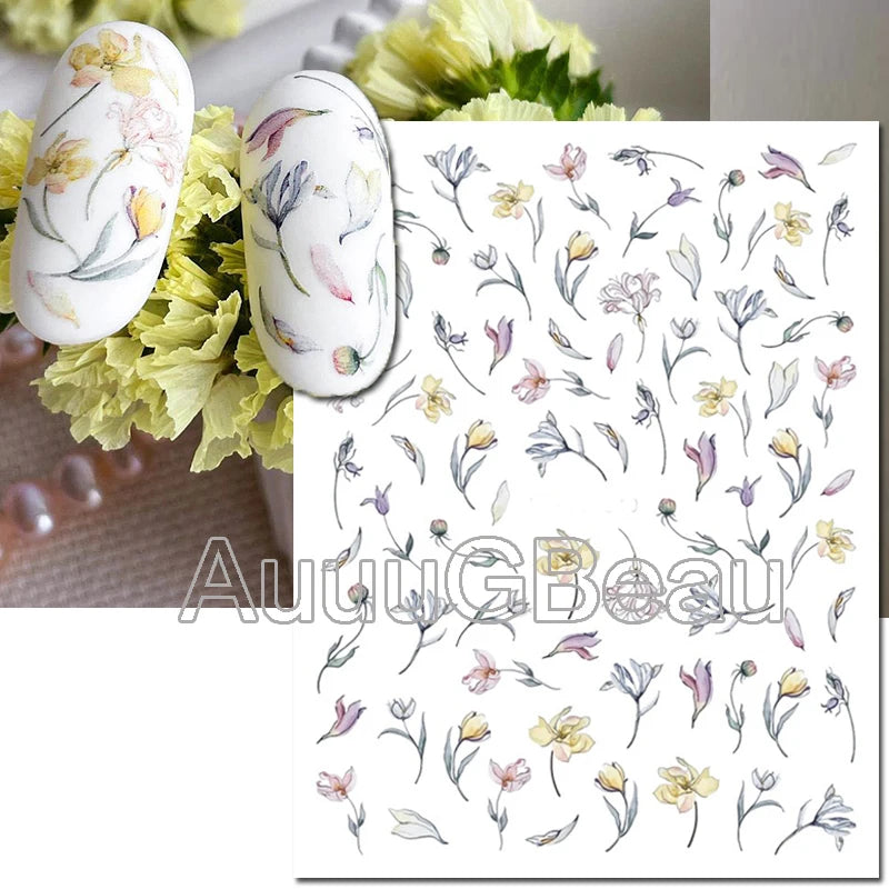 3d Nails Art Decals Spring Fruits Pink Full Tips Peony Magnolia Flowers Adhesive Sliders Stickers Decoration For Nails Manicure