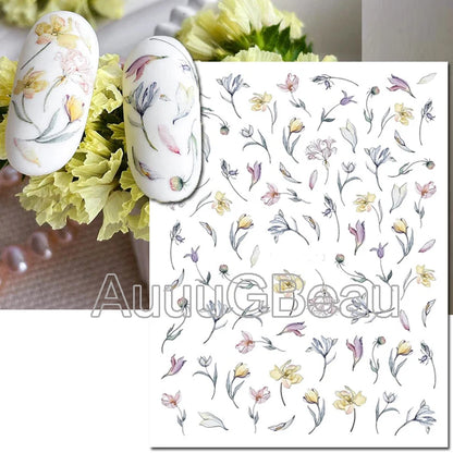 3d Nails Art Decals Spring Fruits Pink Full Tips Peony Magnolia Flowers Adhesive Sliders Stickers Decoration For Nails Manicure