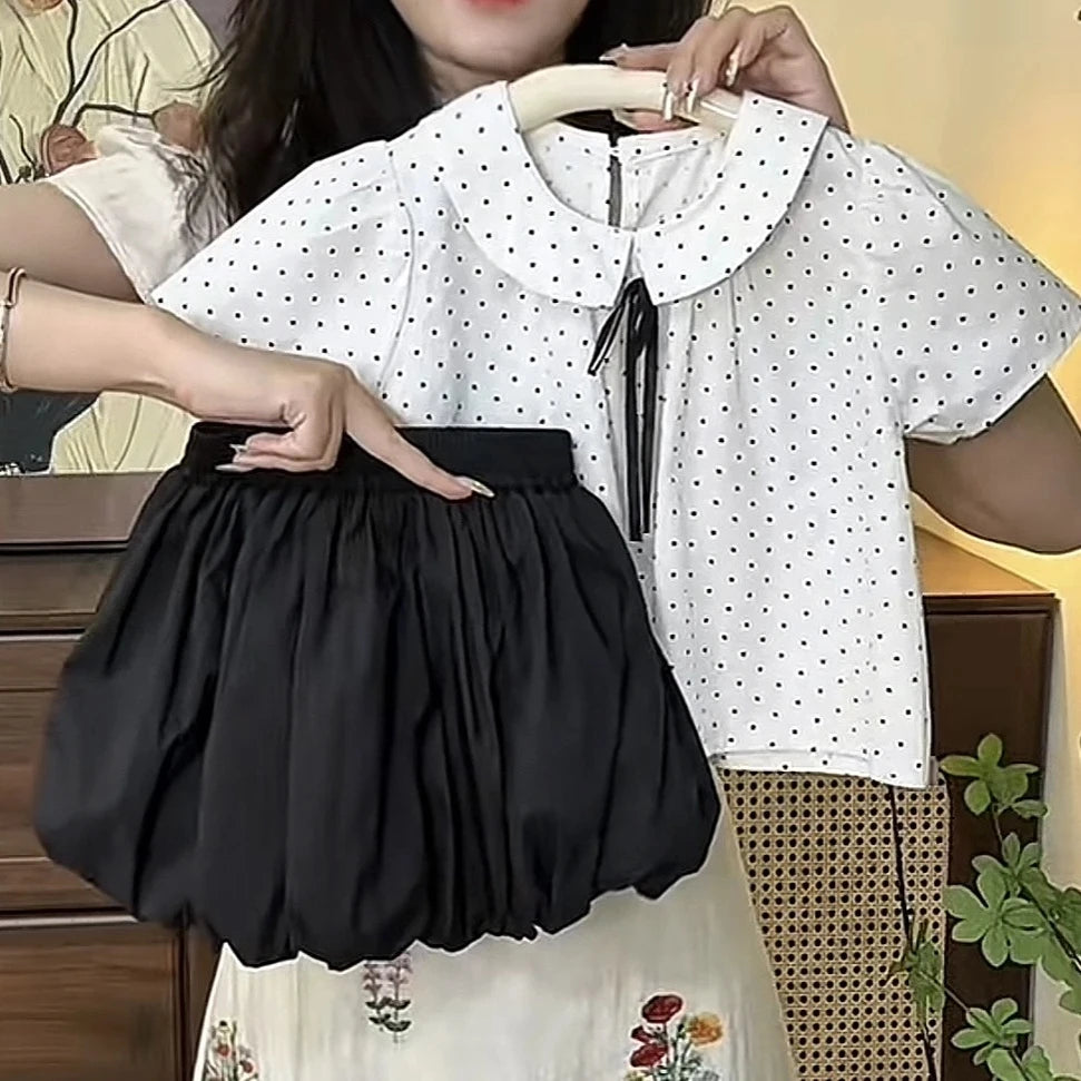 2025 Summer New Children Clothing for Girls Children Turn-down Collar Top for Girls Casual Short Sleeved Polka Dot T-shirt