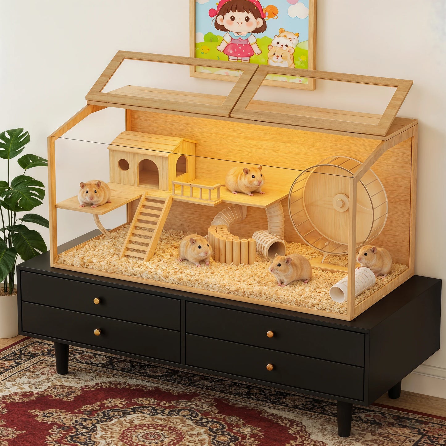 Large Wooden Hamster Cage Clear Tempered Glass Pet Small Animal Habitat Cage Playful Hutch House