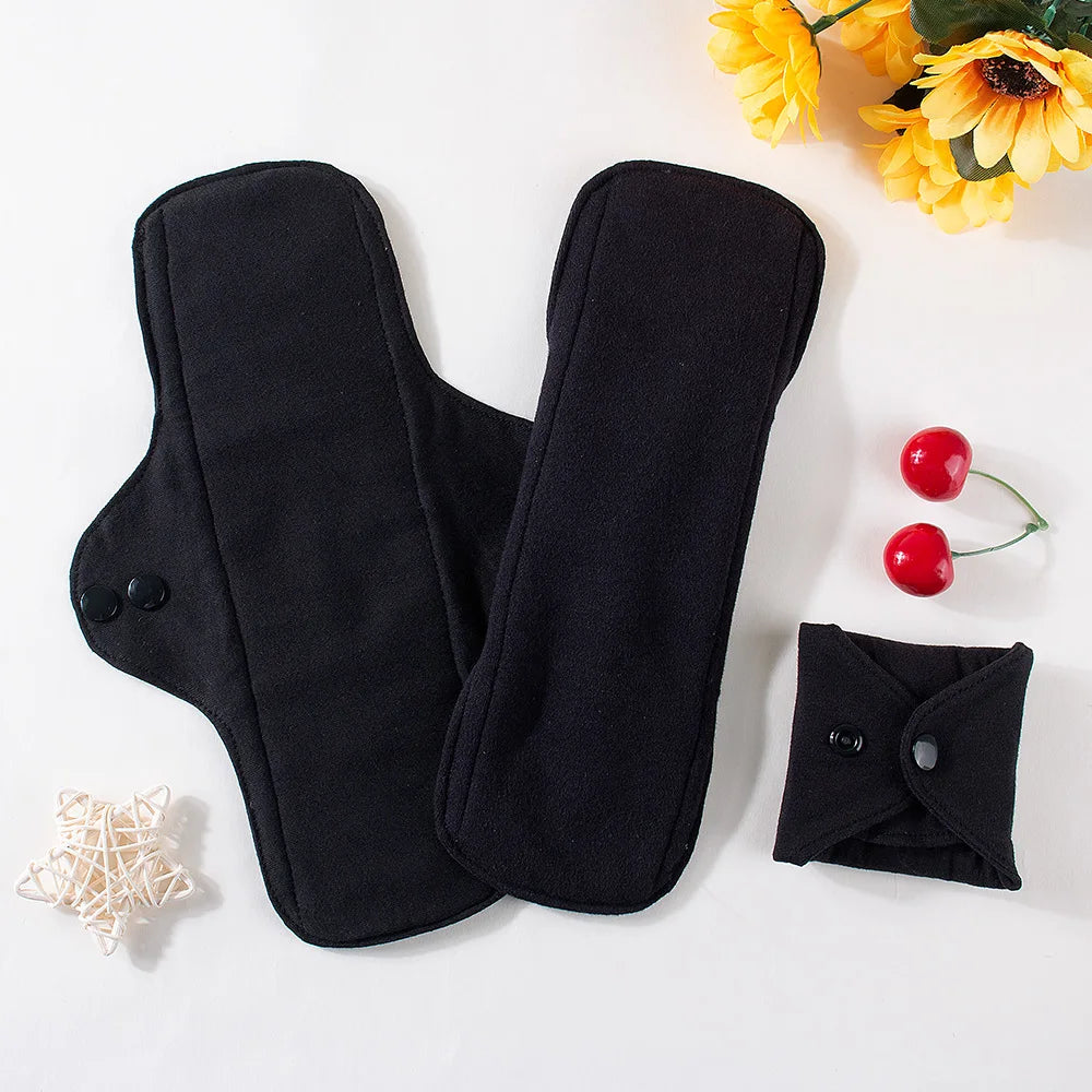 3Pcs Black Pure Cotton Reusable Menstrual Pads Reusable Sanitary Waterproof  Cloth Pads For Heavy Flow Large Sanitary Pads Set