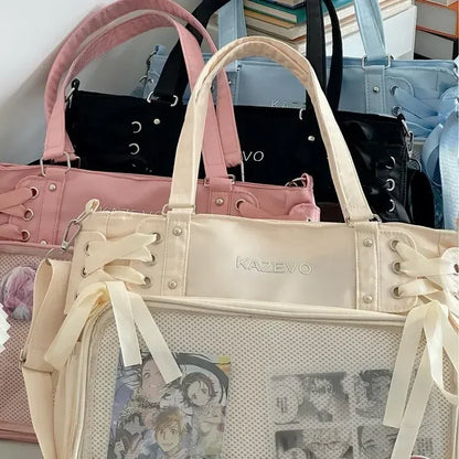 College Style Crossbody Bag with Ribbon Large Capacity for Class Book Carrying Mailman Bag Girls Bow JK Shoulder Ita Bag Handbag