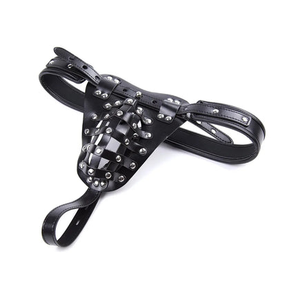 Lockable Male Chastity Cage PU Leather Harness Panties Hollow Dildo BDSM Restraint Couple Fetish Erotic Toy For Men Couple 18+