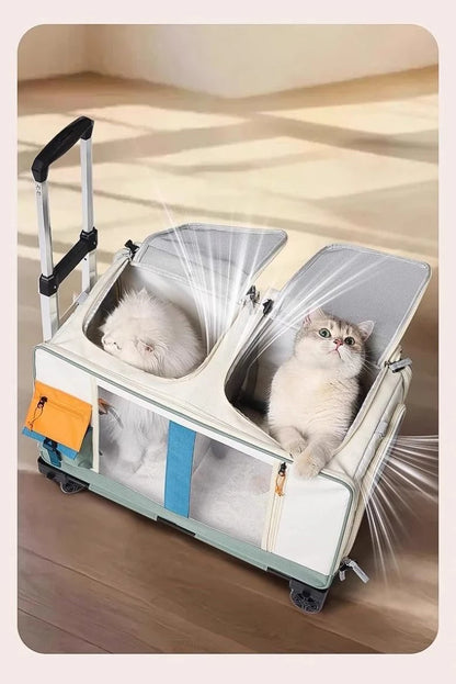 Extra Large Cat Carrier with Wheels - Foldable Pet Stroller for 2 Cats, Breathable Dog Travel Backpack Trolley Pushcart