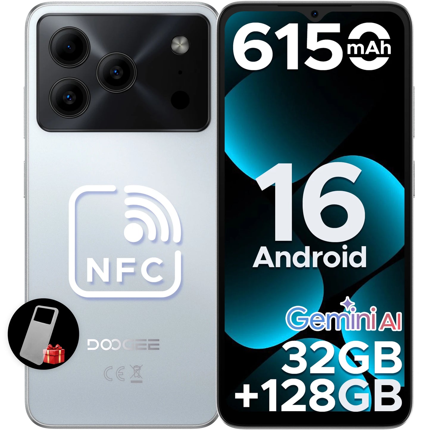 DOOGEE Note56 Pro Android 16 Gemini AI "battery 6150 mAh 32 Go RAM (4 + 28) 128 Go ROM Support Widevine L1