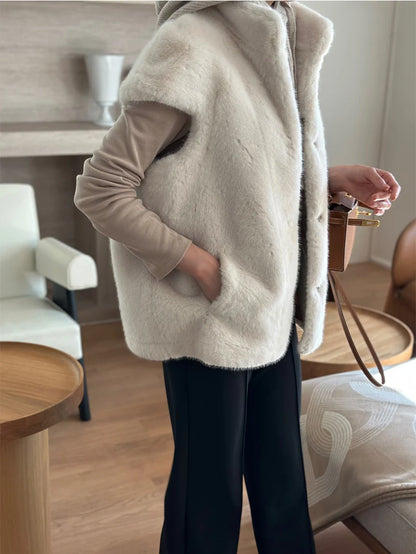 Women's Autumn Winter Faux Mink Hair Stand Collar Sleeveless Loose Vest Jacket Lady Streetwear Single Breasted Faux Fur Vest Top