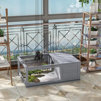 Enclosed House Cage Habitat for Small Animals Turtles with 2 Spaces 91 X 60.5 X 32 cm Solid Wood Gray
