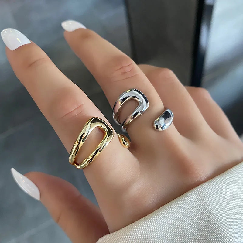 Silver Color High-quality Smooth Geometric Irregular Hollow Opening Rings For Women Fashion Birthday Party Jewelry
