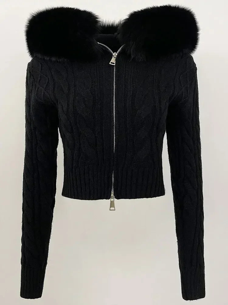 Fashion Natural Fox Fur Collar with Knitted Sweater Women Casual Sweater 2025 New Spring Autumn Slim Fit Elastic Oversized Coat