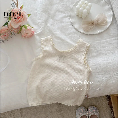Girls' Ribbed Camisole with Embroidery & Ruffle Trim – Soft Spaghetti Strap Tank Top for Summer, Layering or Beach Wear