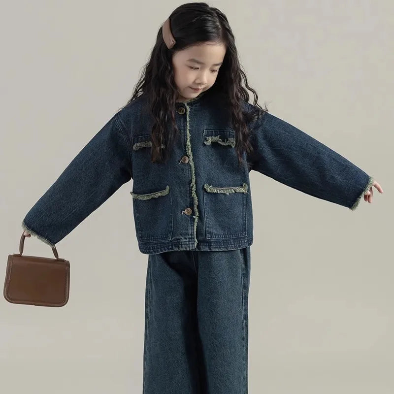 Girls' Denim Set Washed Tassel Vintage Coat+ Loose Pants 2023 Spring And Autumn New Fashion Kids Outfit Casual Clothing Set
