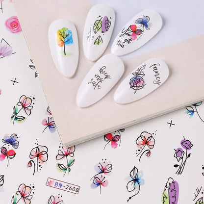 12 PCs Ink Flowers Nail Art Sticker Summer Water Decal Blooming Flowers Leaves Graffiti Slider Nail Decoration Foils Tattoo