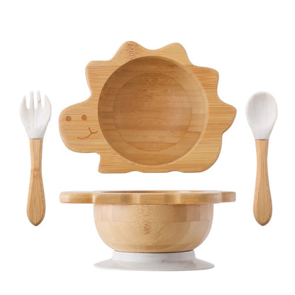 Baby Wooden Tableware Set Wooden Handle Fork Spoon Could Bamboo Wooden Plate Bowl Silicone Suction for Children Feeding Supplies