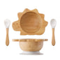 Baby Wooden Tableware Set Wooden Handle Fork Spoon Could Bamboo Wooden Plate Bowl Silicone Suction for Children Feeding Supplies