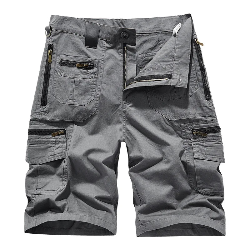 Men's Casual Shorts Summer Multi Pocket Workwear Shorts Male 100% Cotton Solid Breathable Fishing Cargo Knee Length Trousers