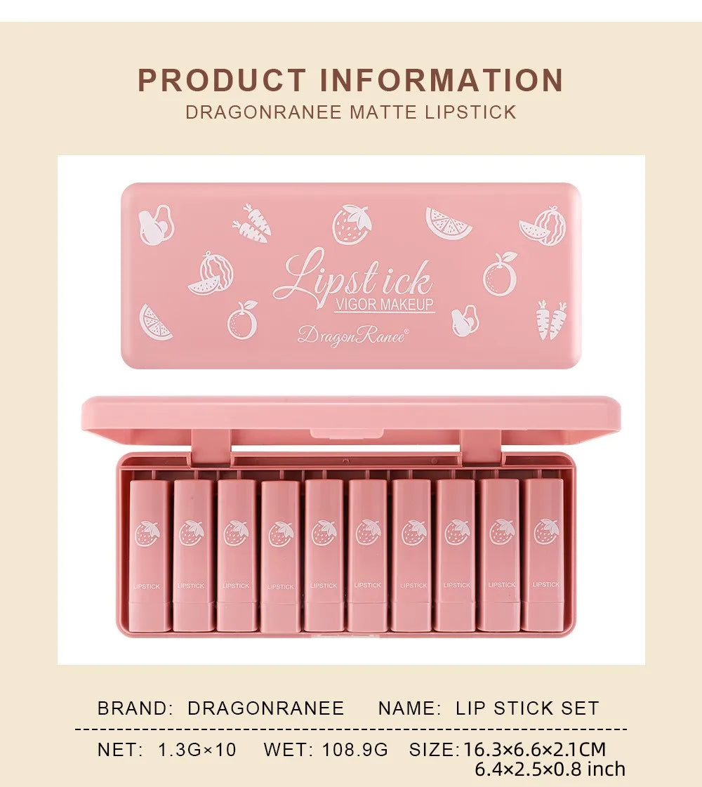 Ten-Piece Lipstick Set, Matte, Long-Lasting, Fade-Resistant Lip Balm, Matte Finish, Brightening, Commuter-Friendly, Nude Color, Gentle and Elegant Lipstick