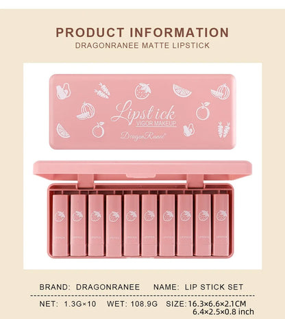 Ten-Piece Lipstick Set, Matte, Long-Lasting, Fade-Resistant Lip Balm, Matte Finish, Brightening, Commuter-Friendly, Nude Color, Gentle and Elegant Lipstick