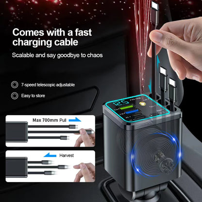 5 In 1 Car Charger 66W Max with Retractable Cable PD30W+2.4A Voltage Display Super Fast Charging 22.5W for iPhone & Android