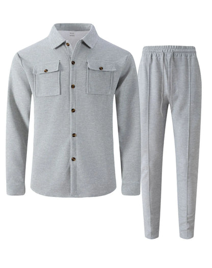 New autumn style waffle long-sleeved solid-color double-pocket buttoned cardigan shirt and pants set