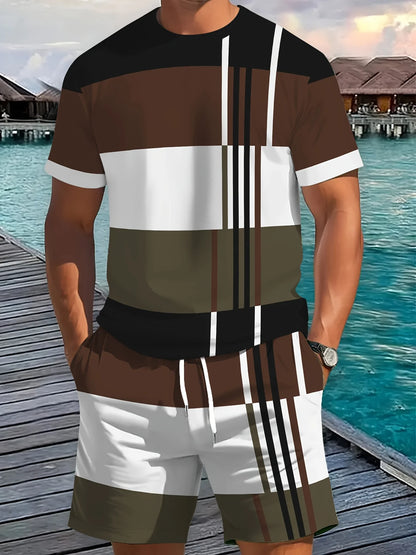 2026 Summer New Arrival Men's Casual Two-Piece Set Striped Print Short-Sleeve Shirt and Athletic Shorts Set Men's Fitness Set