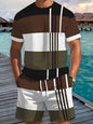 2026 Summer New Arrival Men's Casual Two-Piece Set Striped Print Short-Sleeve Shirt and Athletic Shorts Set Men's Fitness Set