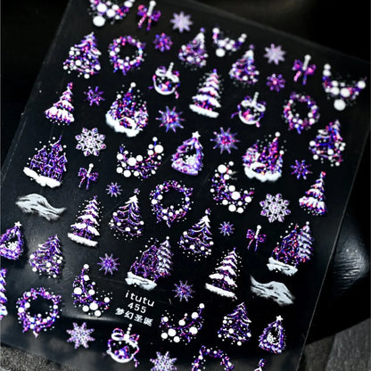 5D Embossed Gold Castle/Garland/Christmas Tree Nail Stickers White Snowflakes Bow Star Nail Decals Self-Adhesive Xmas Nail Decor