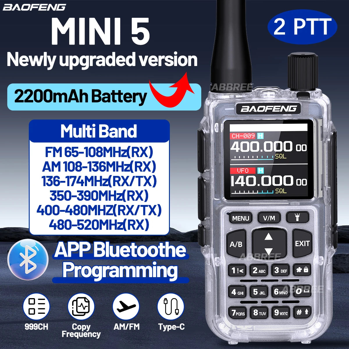 BAOFENG MINI 5 Walkie Talkie 2200mAh Battery APP Bluetooth Programming Long Range Dual PTT Newly Upgraded UV-5R MINI Ham Radio