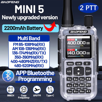 BAOFENG MINI 5 Walkie Talkie 2200mAh Battery APP Bluetooth Programming Long Range Dual PTT Newly Upgraded UV-5R MINI Ham Radio