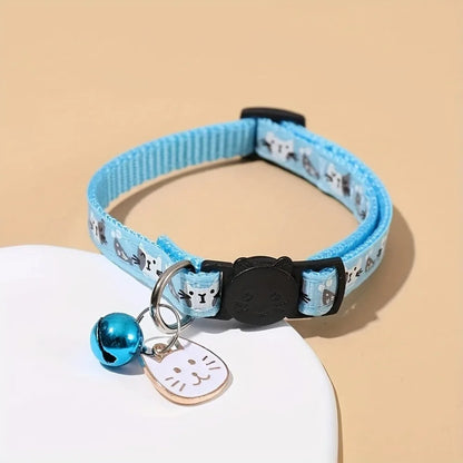 Adjustable Pet Cat Collar Quick Release Safety Buckle Anti-lost Cat Necklace Cat Pattern with Cat Face Pendant Bell
