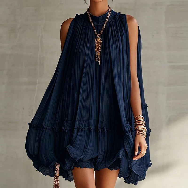 2026 Women Solid O-Neck Princess Party Dress Spring Summer Sexy Sleeveless Ladies Loose Ruched Dresses Streetwear Dropshipping