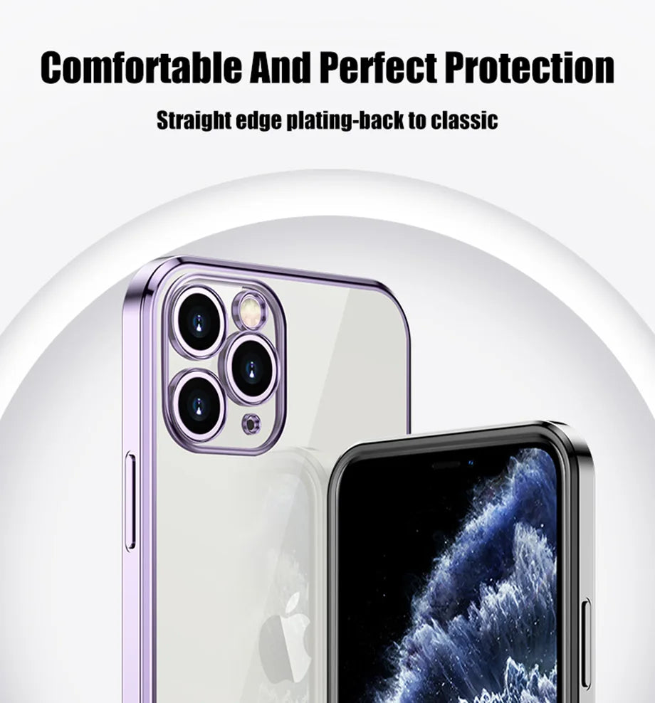 Luxury Plating Square Frame Silicone Transparent Case on For iPhone 11 12 13 14 15 Pro Max X XR XS Max 7 Plus Clear Back Cover