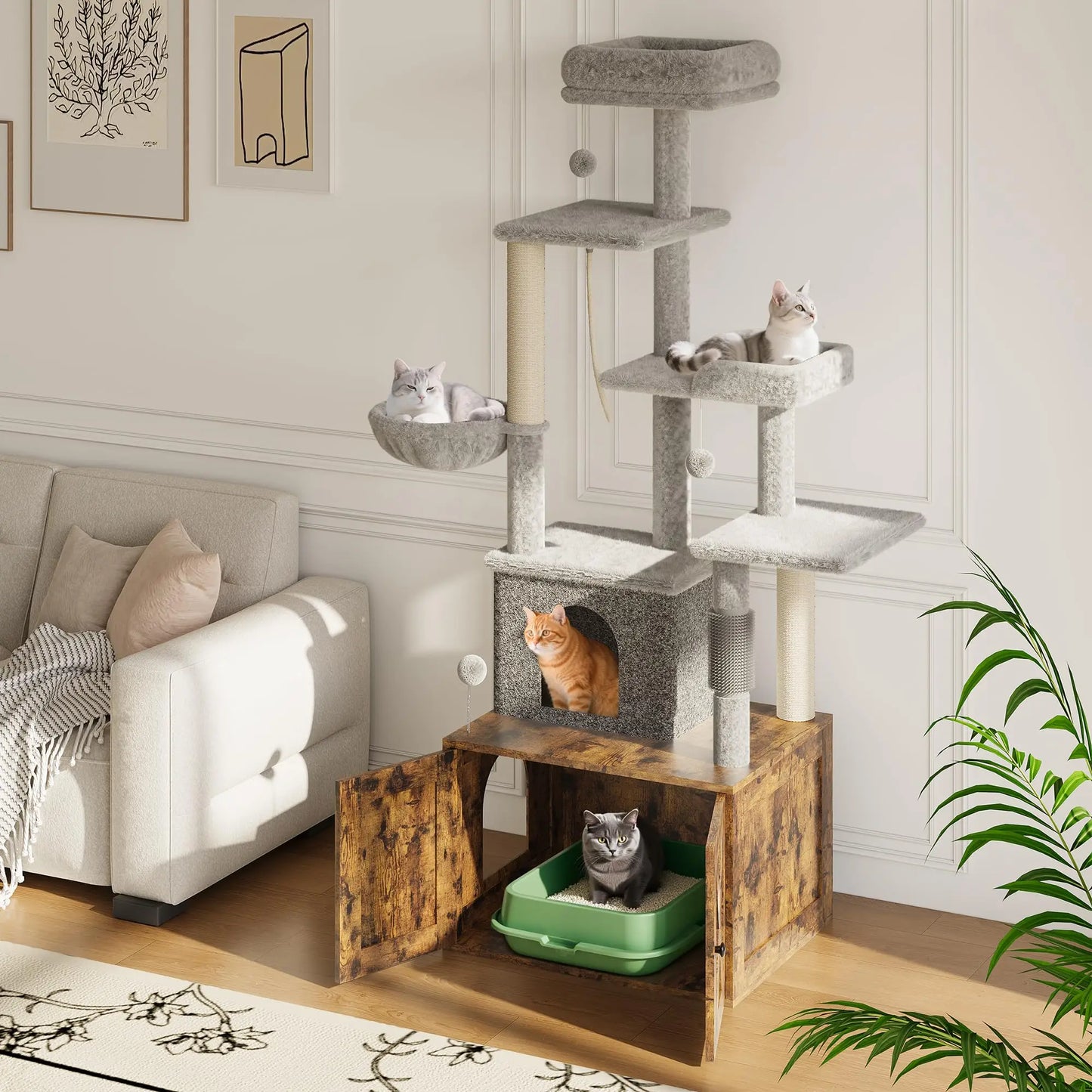 Garvee 2-in-1 Wooden Cat Tree with Hidden Litter Box Enclosure, Multi-Level Cat Tower with Scratching Posts, Cat Condo, Platforms & Hammock, Indoor Cat Washroom Furniture, Brown