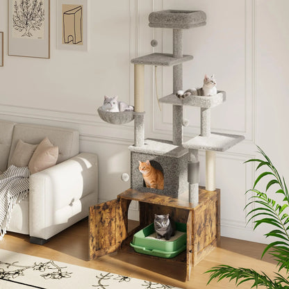 Garvee 2-in-1 Wooden Cat Tree with Hidden Litter Box Enclosure, Multi-Level Cat Tower with Scratching Posts, Cat Condo, Platforms & Hammock, Indoor Cat Washroom Furniture, Brown