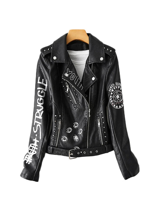 Ailegogo Spring Women Graffiti Print Pu Faux Leather Short Jacket Streetwear Female Retro Slim Zipper Moto Biker Coat Outwear