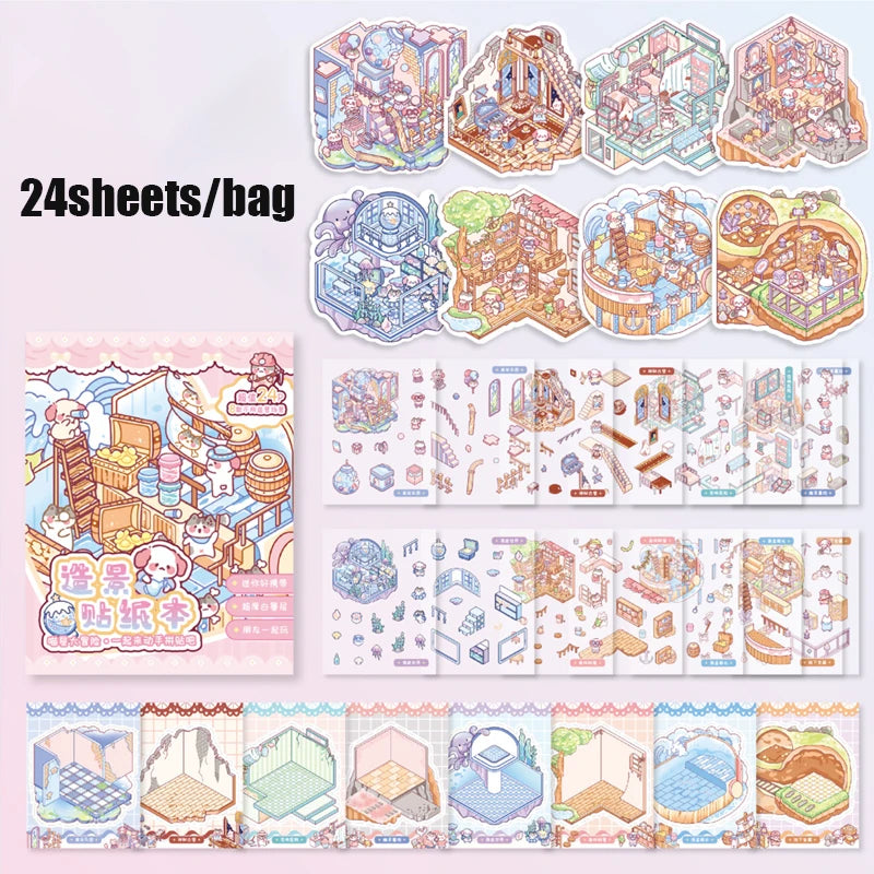 24pcs/bag zoo small class meow wow wonderland series scenery sticker book three-dimensional scene miniature sticker handbook DIY
