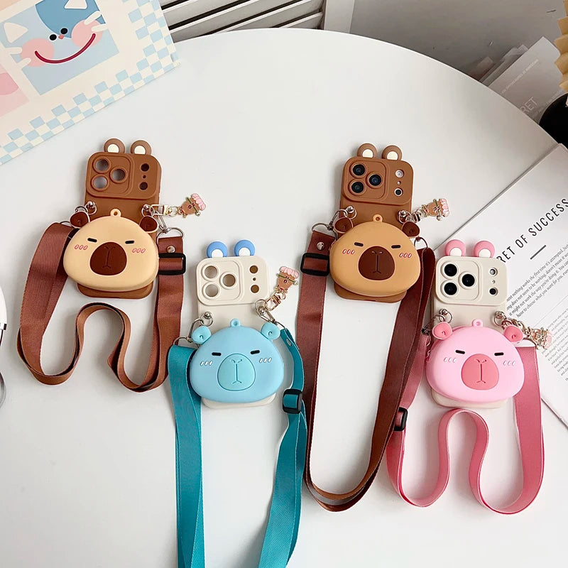 For iPhone 17 16 15 14 13 12 11 XR Xs 6 6s 7 8 SE Pro Max mini Plus e Capybara head Wallet Case With Accessories