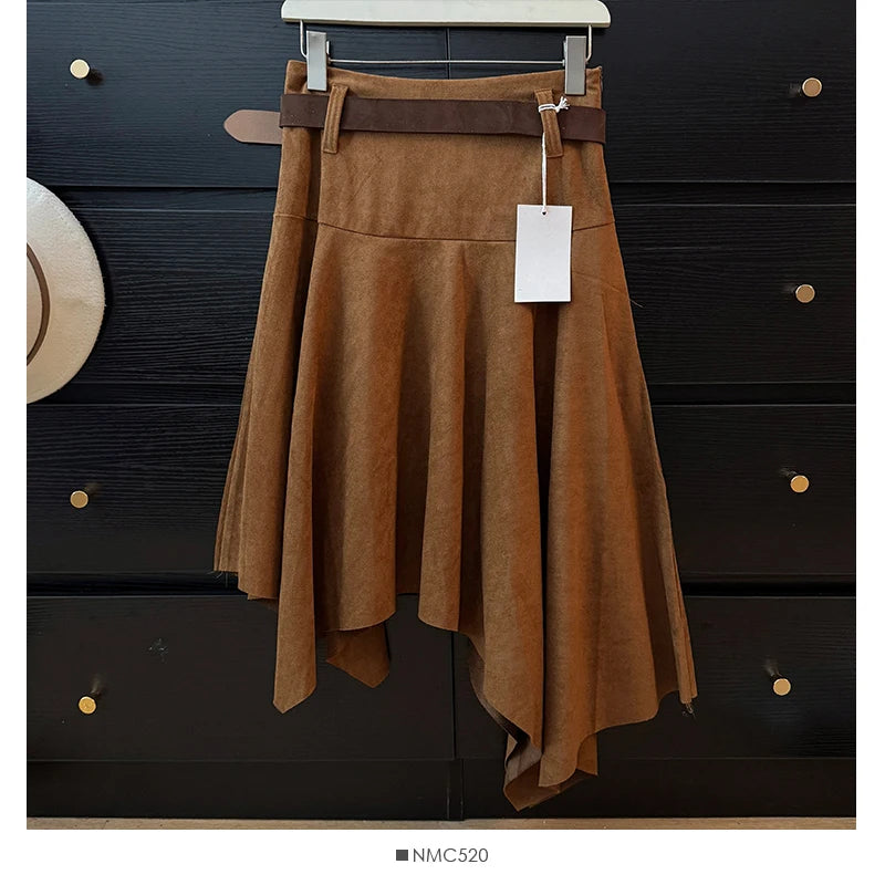 French Fashion Y2K Vintage Harajuku Suede Skirts Women Slim Fit Irregular High Waist A-Line Skirts Casual Elegant Pleated Skirts