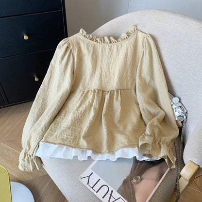 Korean Casual Sweet Fungus Lace Collar Women's Shirt Top Autumn New Women Fashion Fake Two-Piece Lace Up Long Sleeved Shirt