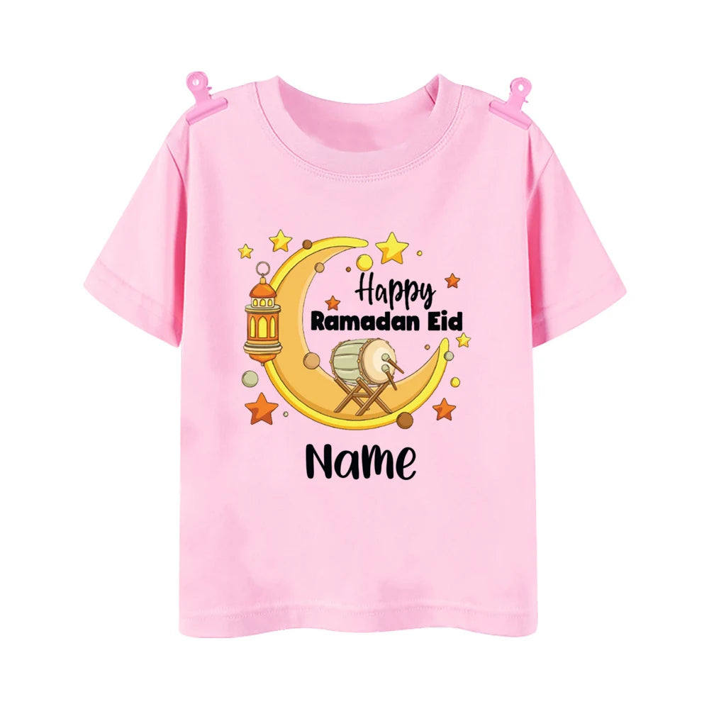 Personalized Eid Mubarak Printed Kids Shirts Custom Name Eid Ramadan Child T-shirt Tops Islamic Muslim Holiday Boys Girls Outfit