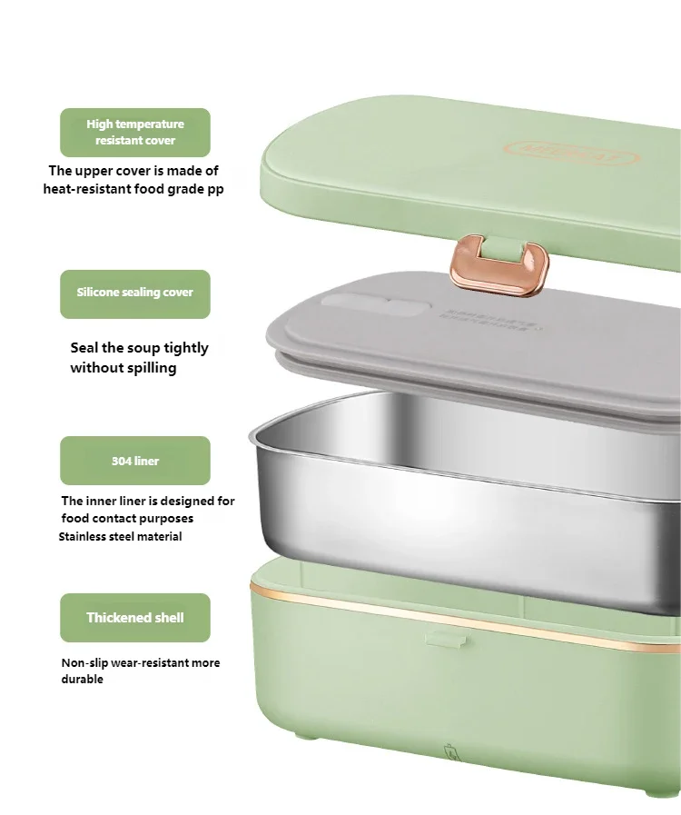 HOMEFISH Stainless Steel Electric Lunch Box Food Warmer Bento Box Water-Free Heating Office Lunch Container with Built-In Heater