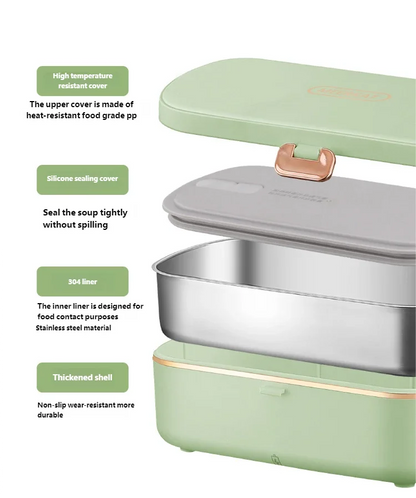 HOMEFISH Stainless Steel Electric Lunch Box Food Warmer Bento Box Water-Free Heating Office Lunch Container with Built-In Heater