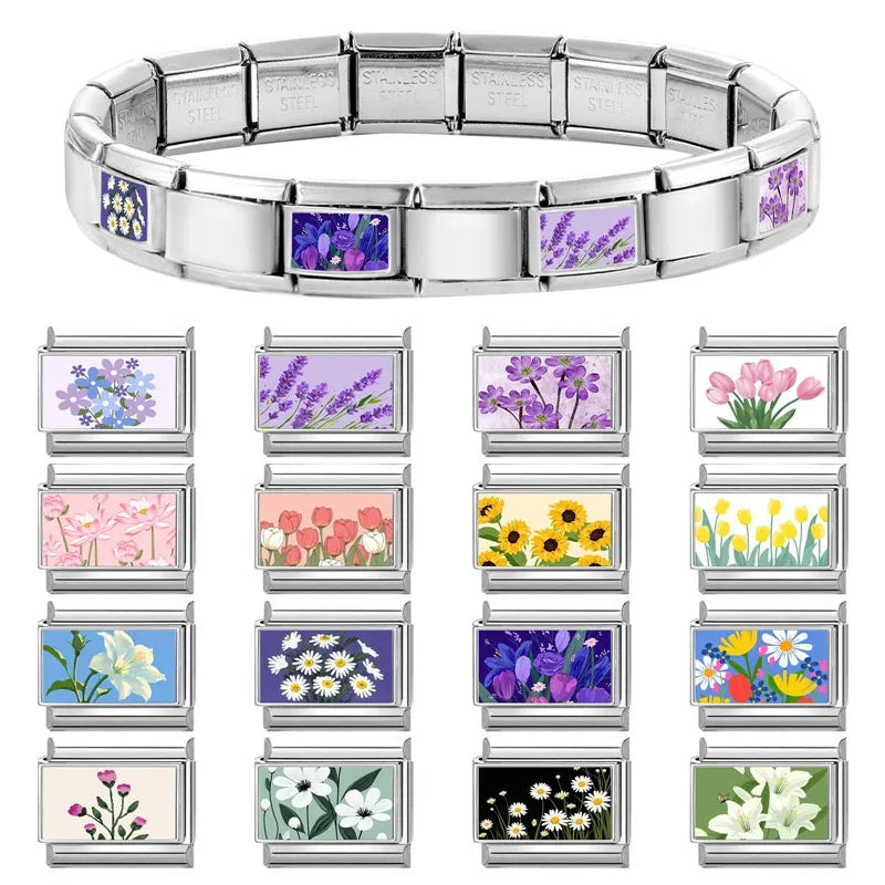 2025 Women's Fashion Colorful Flowers Oil Painting Style Series Italian Charms Fit 9mm Stainless Steel Bracelet DIY Jewelry Gift