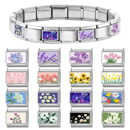 2025 Women's Fashion Colorful Flowers Oil Painting Style Series Italian Charms Fit 9mm Stainless Steel Bracelet DIY Jewelry Gift