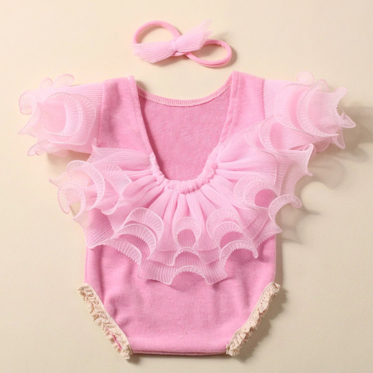 Ylsteed 2 Pieces Set Beige Newborn Photography Costume Lace Romper Bow Headband Set Baby Girl Photo Shooting Outfits