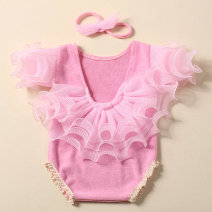 Ylsteed 2 Pieces Set Beige Newborn Photography Costume Lace Romper Bow Headband Set Baby Girl Photo Shooting Outfits